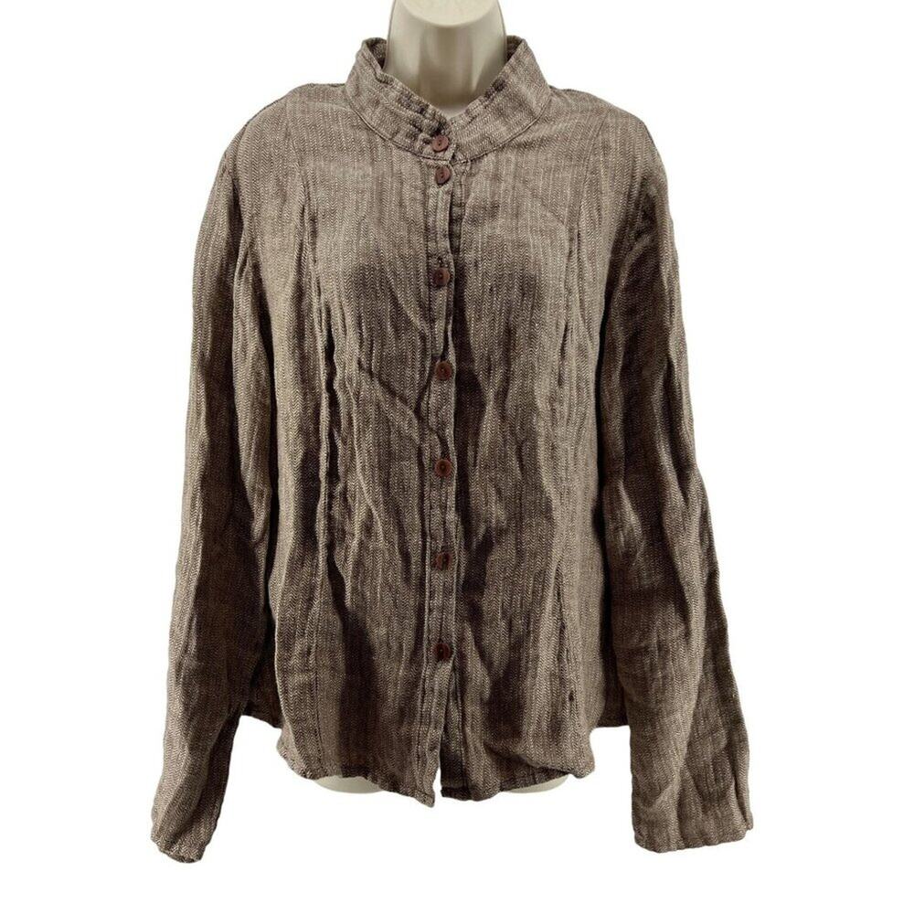 FLAX Linen Button Down Mandarin Collar Shirt Natural Tan Womens Size Large